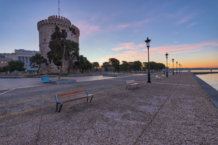 Beautiful view of White Tower during sunrise in Thessaloniki, Greece.の写真素材