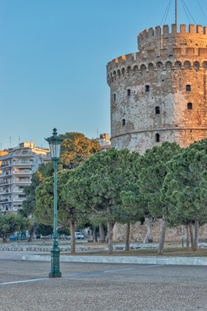 Beautiful view of White Tower during sunrise in Thessaloniki, Greece.の写真素材