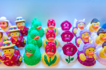 Different rubber ducks on the shelf in the store.の写真素材