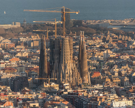 Aerial panoramic view of Barcelona city skyline and Sagrada familia in Spain.の写真素材