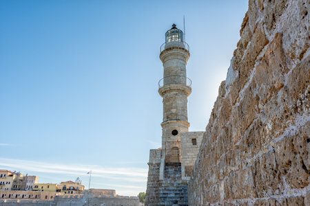 View of lighthouse in Venetian harbor in Chania city on Crete island, Greece.の写真素材