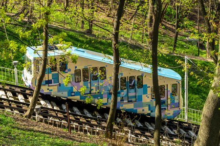 Funicular, connecting Uppertown with Podil in Kyiv city. Ukraine.