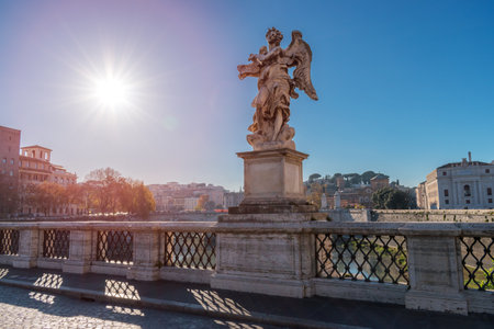 Rome, Italy. Bridge Sant Angelo on Tiber river. Sunset.の写真素材