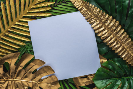 Creative layout with gold and green tropical palm leaves with white frame on black background. Minimal summer abstract pattern.の写真素材