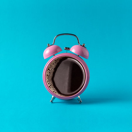Coffee alarm clock on a blue background. Creative minimal concept.の写真素材