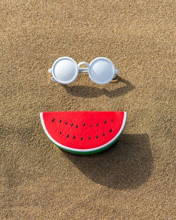 Watermelon toy with sunglasses on a sand background. Minimal summer vacation concept.