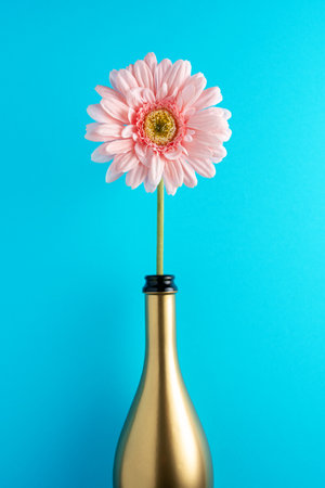 Daisy flower in a gold champagne bottle on blue background. Greeting card for Valentines Day, Womens Day. Minimal holiday concept.の写真素材