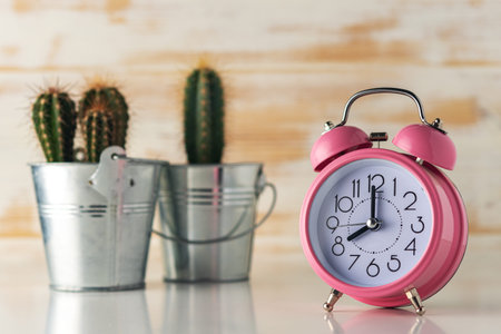 Pink alarm clock with cactus in pot on wooden desk. Minimal time concept.