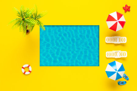 Summer scene with swimming pool, sun umbrella and sunbed. Minimal summer holiday concept background....