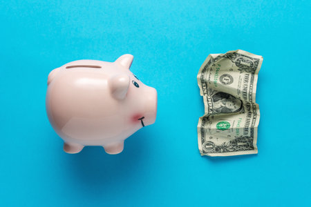 Piggy bank with a crumpled dollar bill on blue background. Saving money concept.の写真素材