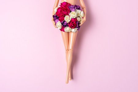 Girl doll with colorful flowers on pink background. Creative minimal fashion or love concept.の写真素材