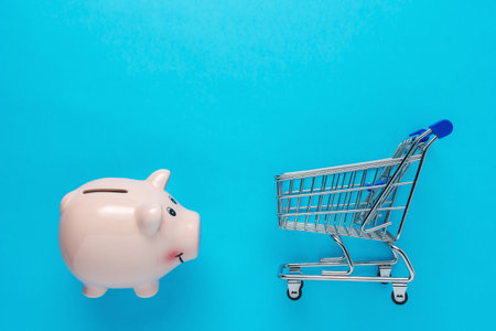 Piggy bank with a shopping cart on blue background. Saving money concept.の写真素材