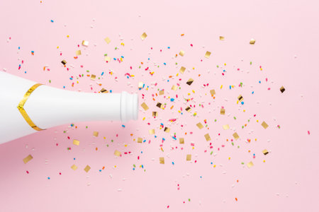 White champagne bottle with confetti on pink background. Minimal party concept.の写真素材