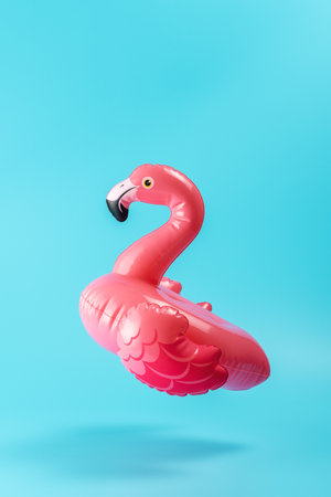 Inflatable pool toy flamingo on a blue background. Minimal summer concept.の写真素材