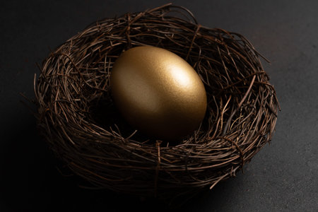 Easter Gold egg in nest on black background. Minimal concept.