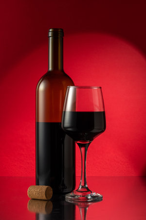 Bottle of red wine with wine glass and cork on table. Drink concept.の写真素材
