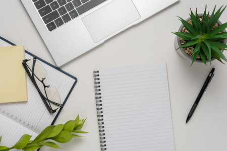 Workspace with blank notebook, laptop, office supplies, green leaf, and eyeglasses on white...