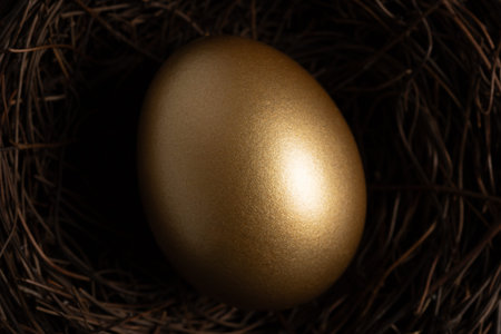 Close-up view of Golden egg in nest on a dark table. Easter concept.