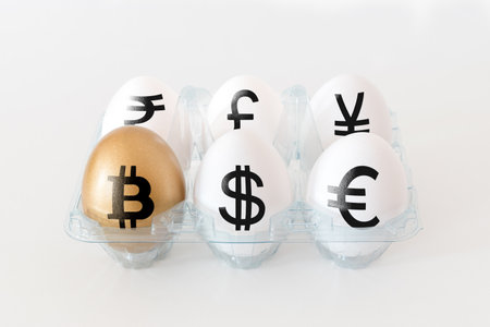 Golden egg with a bitcoin sign. Eggs with currency signs in packing on white background. Minimal investment concept.の写真素材