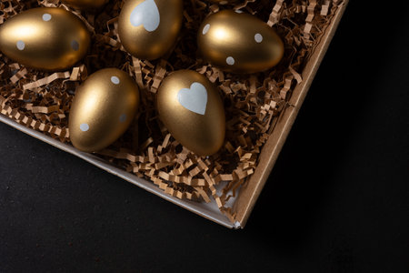 Golden eggs in paper box on a table. Top view.の写真素材