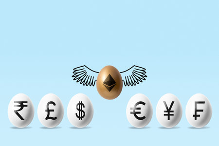 Minimal investment concept. Golden egg with a ethereum sign flying above white eggs with currency...