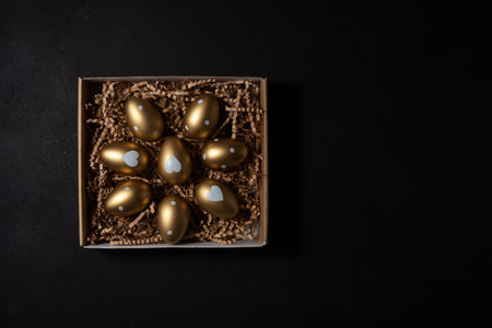 Gold eggs in paper box on black background. Top view.の写真素材