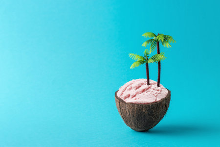 Coconut tropical island with ice cream and palm trees on blue background. Tropical beach concept. Creative minimal summer idea.の写真素材