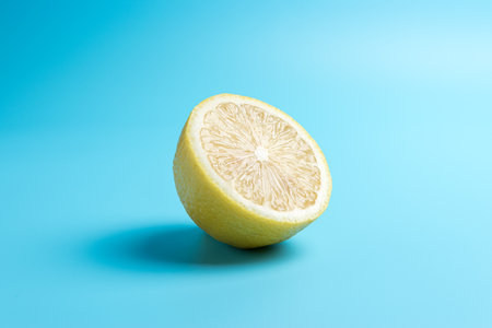 Fresh sliced lemon on blue background. Minimal food concept.の写真素材