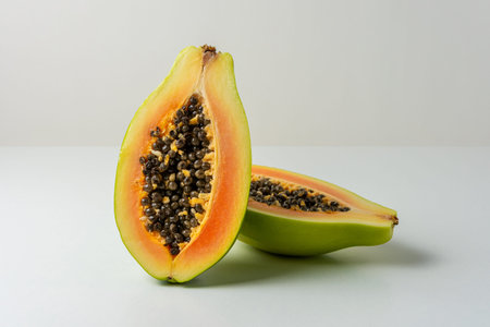Papaya fruit on white background. Minimal abstract summer concept.