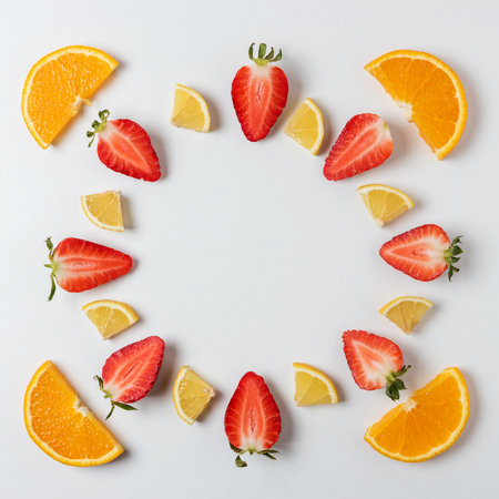 Colorful pattern made of citrus fruits and strawberries. Minimal summer concept.の写真素材