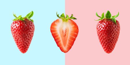 Different strawberries on bright background. Minimal food concept.の写真素材
