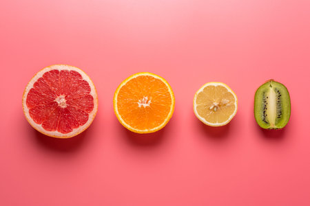 Creative fruit composition on pink background with hard shadows. Summer minimal concept.の写真素材