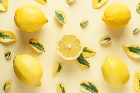 Creative summer pattern made of lemons and green leaves on yellow background. Fruit minimal concept.