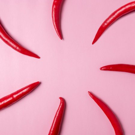 Creative layout of chili pepper on pink background. Minimal food concept.の写真素材