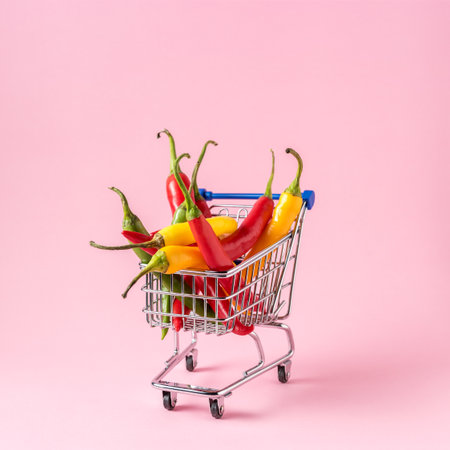 Chili pepper in shopping cart on pink background. Minimal food concept.の写真素材