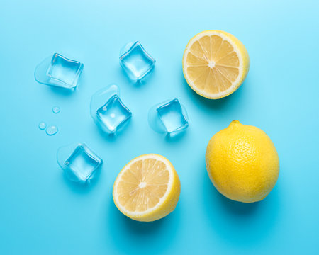 Creative summer composition with sliced lemon and ice cubes on blue background. Minimal drink concept.の写真素材