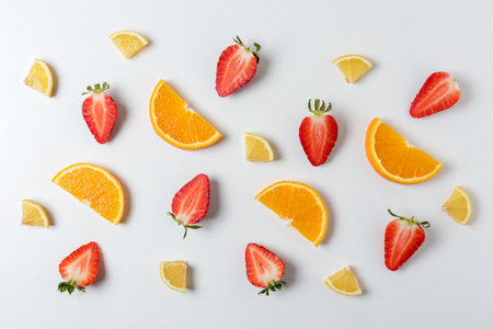 Colorful pattern made of citrus fruits and strawberries. Minimal summer concept.の写真素材