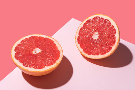 Creative fruit composition on pink background with hard shadows. Summer minimal concept.の写真素材