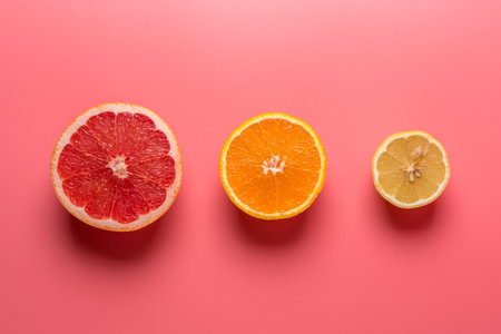 Creative fruit composition on pink background with hard shadows. Summer minimal concept.の写真素材