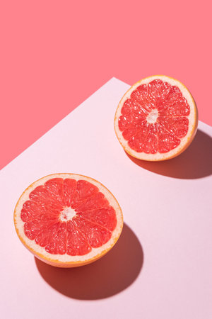 Creative fruit composition on pink background with hard shadows. Summer minimal concept.