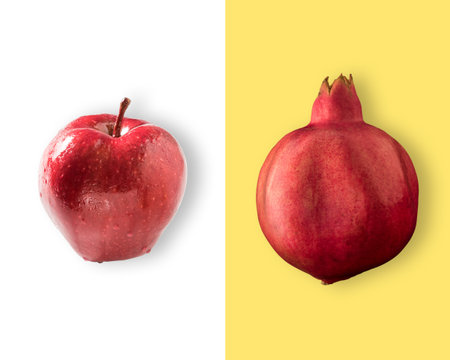 Creative layout made of pomegranate and apple. Flat lay. Food vegan concept.の写真素材