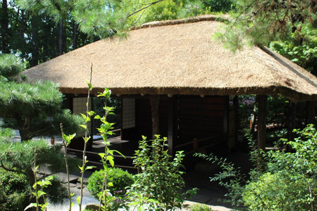 Japanese style house in the garden. Traditional Japanese house with thatched roof.の写真素材