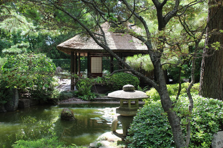 Japanese garden with a pond and a gazebo in the backgroundの写真素材