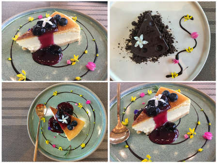 collection of vanilla cake pieces with chocolate in a white plate. Green on the table, top view and sweet foodの写真素材