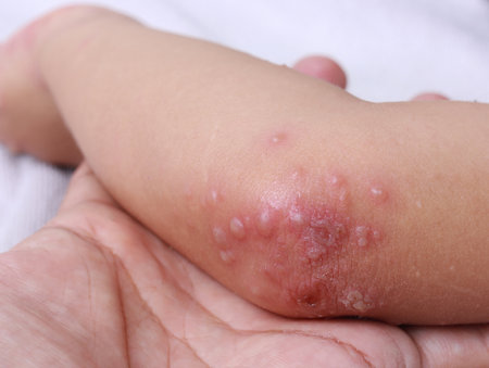 hfmd viral Rash on the elbow of the Hand foot and mouth disease. Hand foot and mouth disease is most commonly caused in the rainy season skin disease rubellaの素材