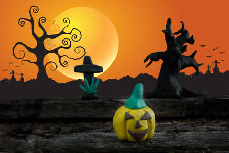 Halloween night  with plasticine on the moon backgroundの写真素材
