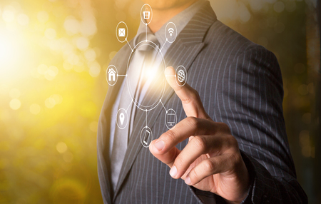 Businessman push multichannel online communication networkの写真素材
