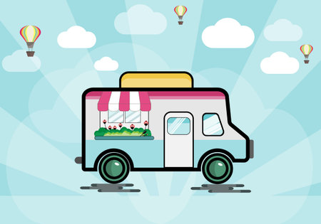 Food Truck with Red and white awning,Hot Air Ballon and Cloud.Vector Illustrator