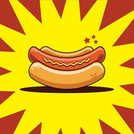 Hotdog with mustard in the traditional bun on Yellow and Red Background.for poster, menus, brochure, web fastfood design.のイラスト素材