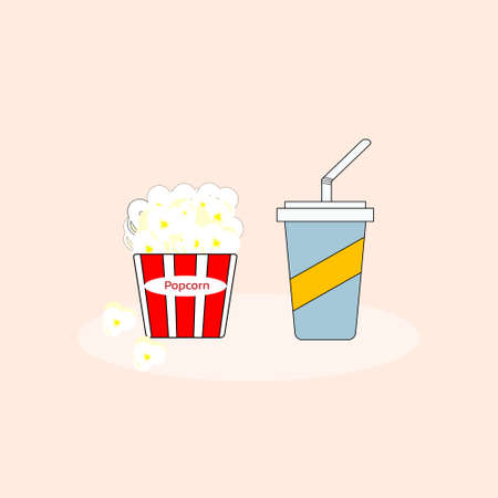 Popcorn in red striped bucket and Soft Drink on Pink Background.Vector Icon Illustration. Cinema Movie Entertainmentのイラスト素材